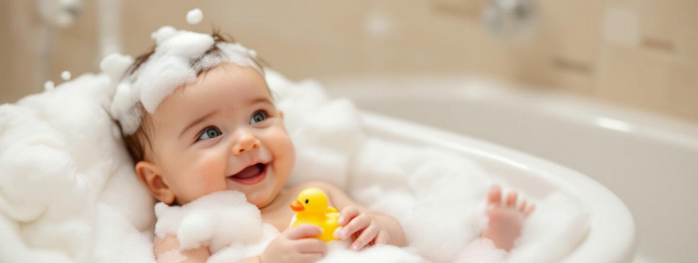 Baby in bubbelbad houdt een geel rubberen eendje vast, omgeven door schuim en bubbels.