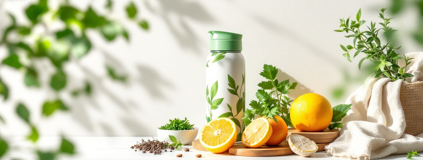 RainPharma Dieetboxen collectie hoofdfoto met vers fruit, een waterfles en groene kruiden