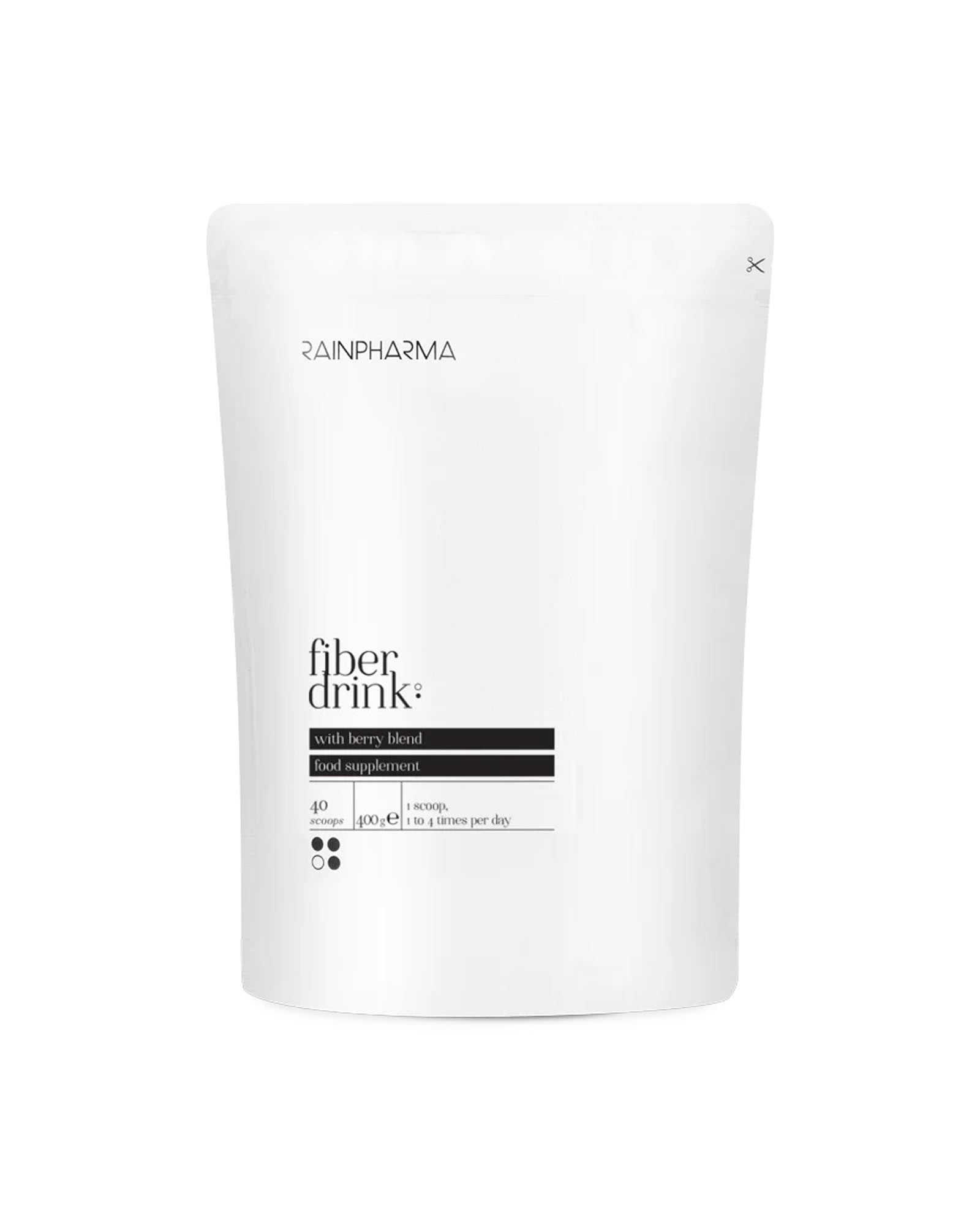Op een effen achtergrond is een wit, hersluitbaar zakje te zien met het opschrift „RainPharma Nieuw! Vezeldrank, voedingssupplement”, waarbij de nadruk ligt op de vezeldrank voor een gezonde darmflora.
