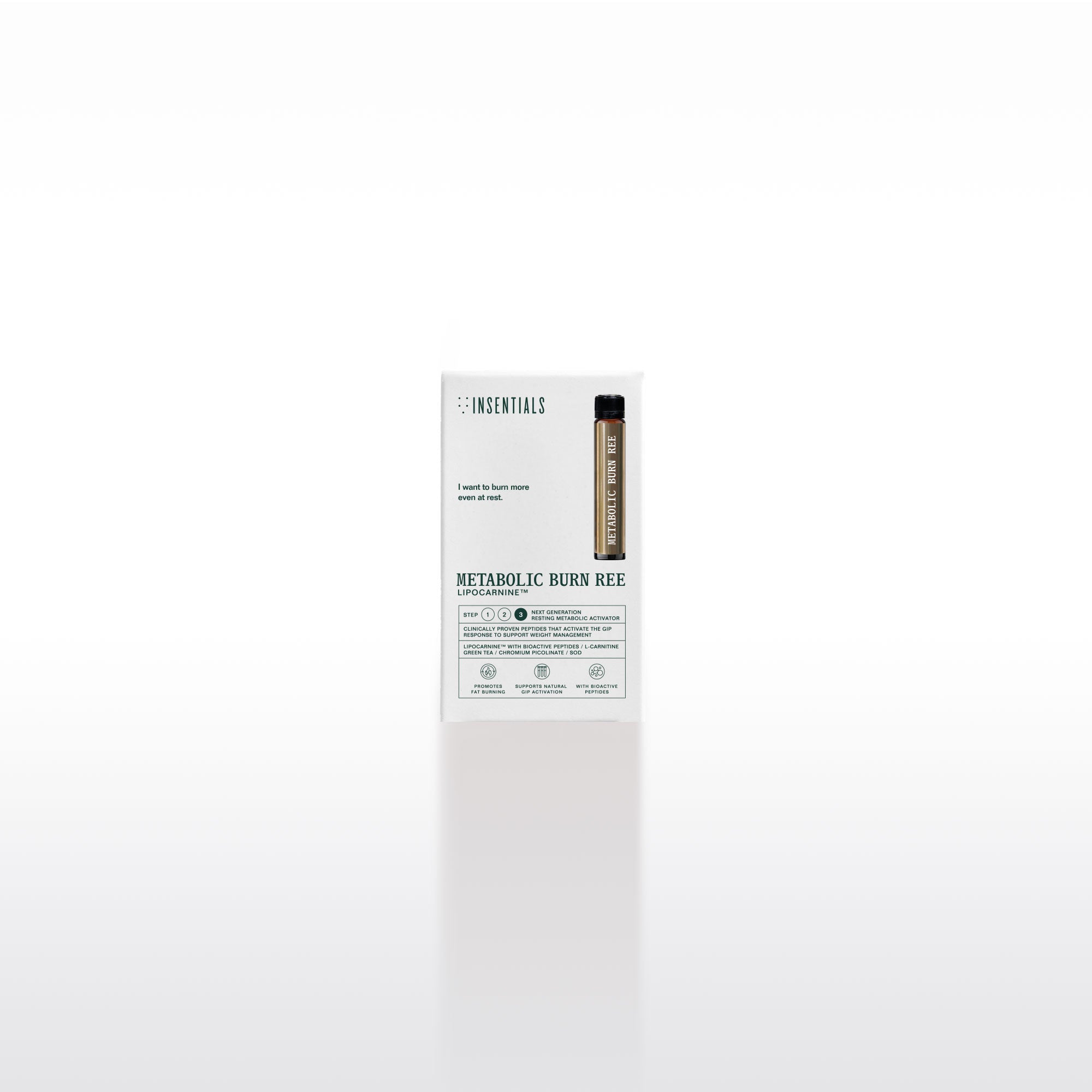 Een witte doos met het opschrift „Metabolic Burn REE – Ondersteunt Metabolisme in Rust” van Insentials, met aan de rechterkant een klein bruin flesje bevestigd, afgebeeld tegen een effen witte achtergrond – bedoeld ter ondersteuning van vetverbranding en gewichtsverlies.