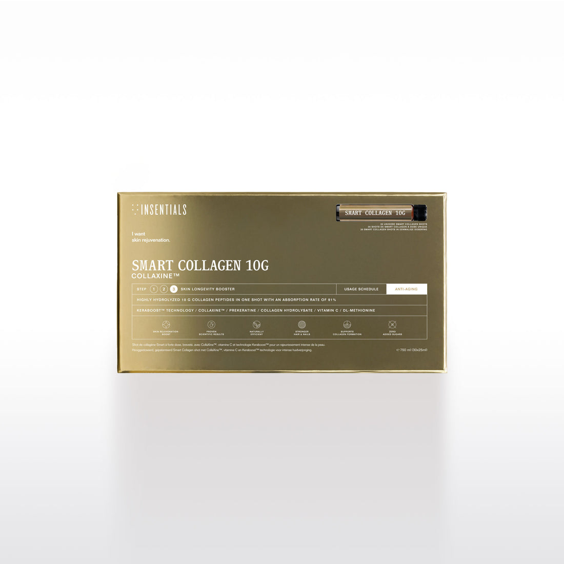 Een goud-witte doos met het opschrift „Smart Collagen Shot 10g (collageen 10g)” van Insentials, met productinformatie en één zakje rechtsboven – bedoeld om de huidelasticiteit en het zichtbare welzijn te ondersteunen.