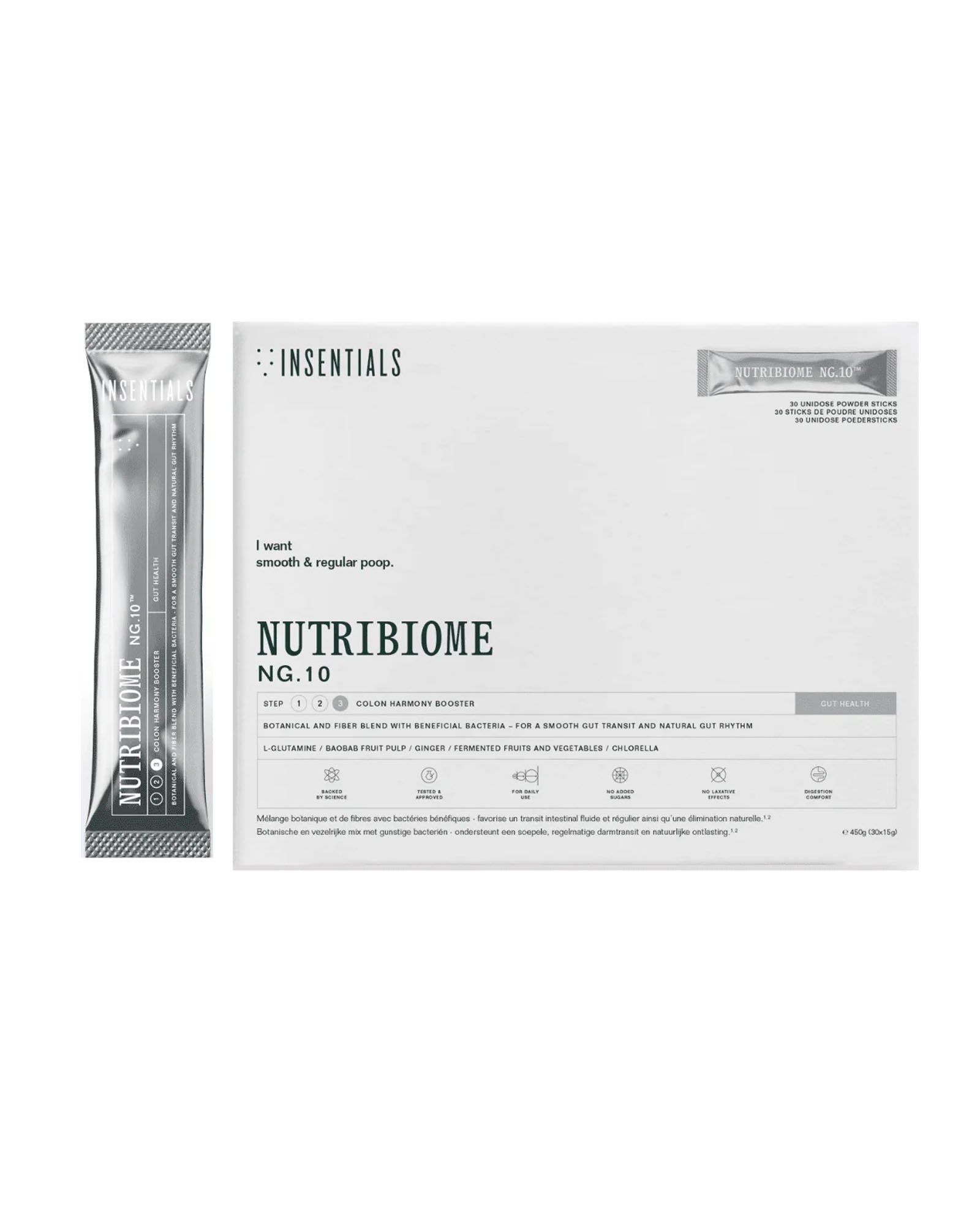 Een wit doosje en zakje met de tekst "Insentials NutriBiome™ (herstel darmwand)," een voedingssupplement voor een gezonde spijsvertering en microbioom, met de tekst "I want smooth &amp; regular poop.