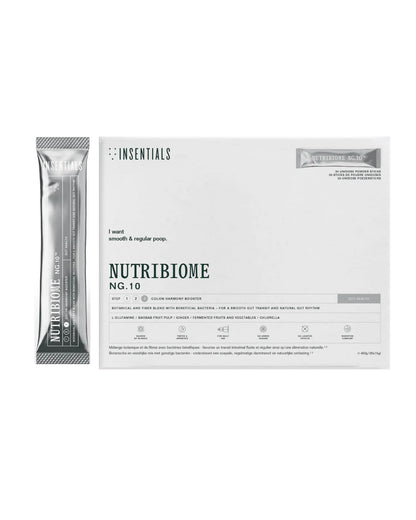Een wit doosje en zakje met de tekst "Insentials NutriBiome™ (herstel darmwand)," een voedingssupplement voor een gezonde spijsvertering en microbioom, met de tekst "I want smooth &amp; regular poop.