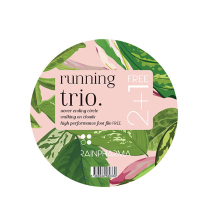 Rond label met kleurrijke bladpatronen maakt reclame voor &quot;Sunset - Voetverzorging Running Trio 2+1 GRATIS&quot; van RainPharma, met vermelding van &quot;never ending circle&quot;, &quot;lopen op wolken&quot; en een hoogwaardige voetvijl GRATIS.