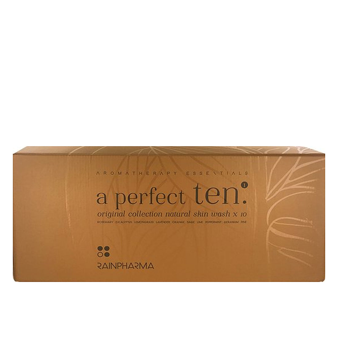 Een rechthoekig gouden doosje met het opschrift &quot;Giftset Skin Wash collection&quot; van RainPharma, met daarin 10 huidspoelingen, een spons en een handdoek met een zeepvrije formule en natuurlijke ingrediënten.