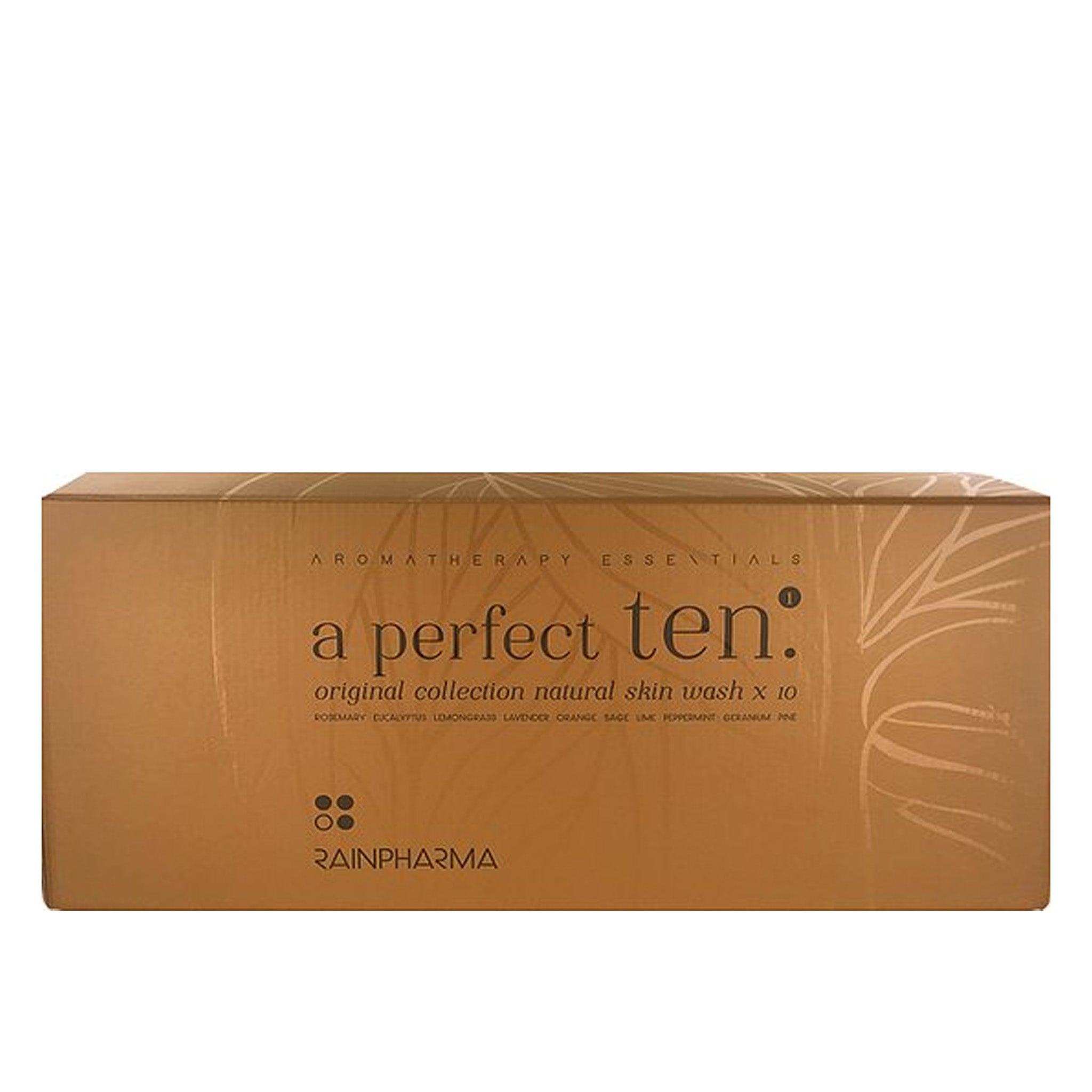 Een rechthoekig gouden doosje met het opschrift &quot;Giftset Skin Wash collection&quot; van RainPharma, met daarin 10 huidspoelingen, een spons en een handdoek met een zeepvrije formule en natuurlijke ingrediënten.