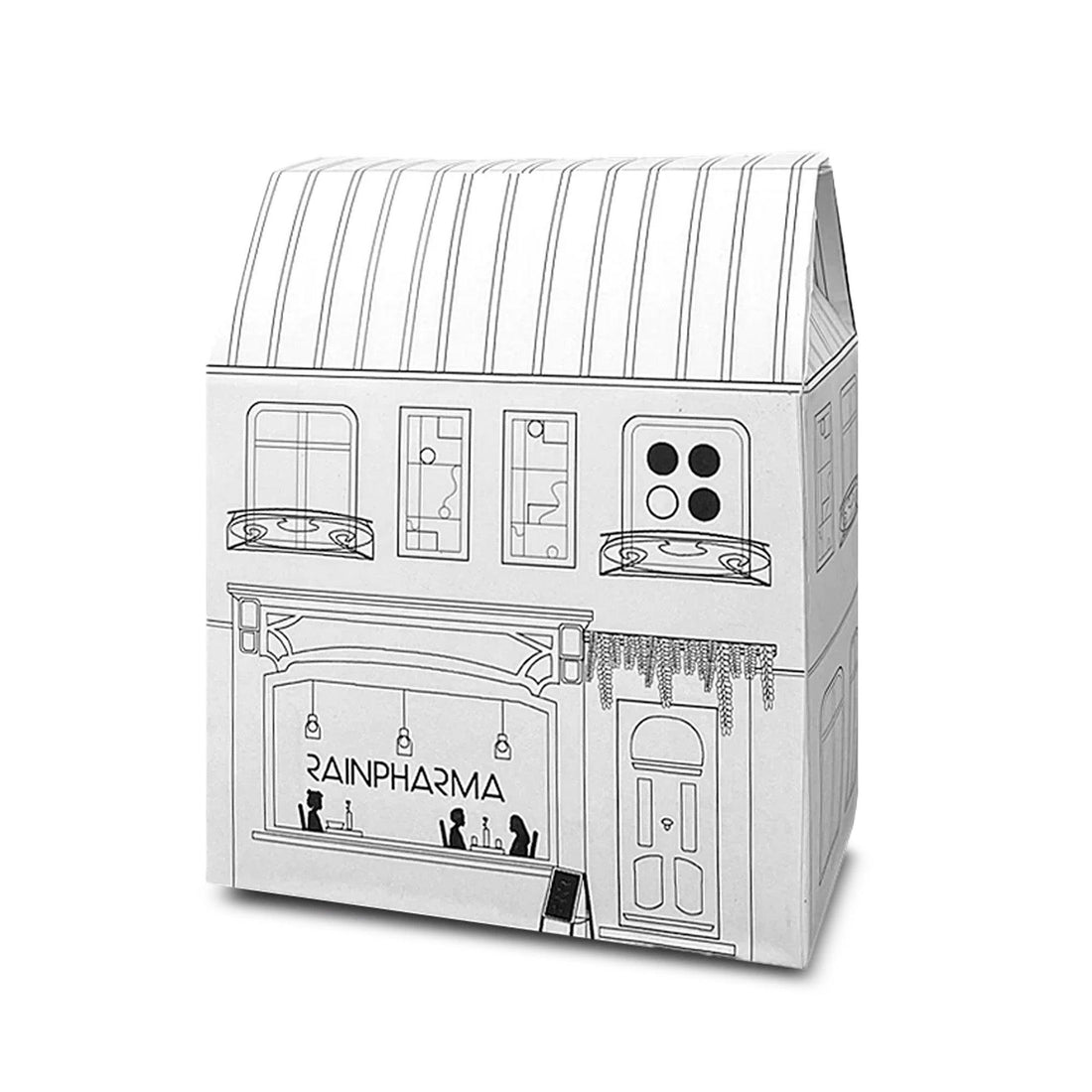 Een gestileerde illustratie van een gebouw dat lijkt op een RainPharma-winkel, met lijntekeningen en tekst op de gevel. De RainPharma Bistro - Budget Gift set, met Skin Wash Lemongrass &amp; After Oil 60 ml, voegt gezelligheid toe en roept een spa-gevoel op - ideaal подарък (cadeau) voor wellnessliefhebbers.