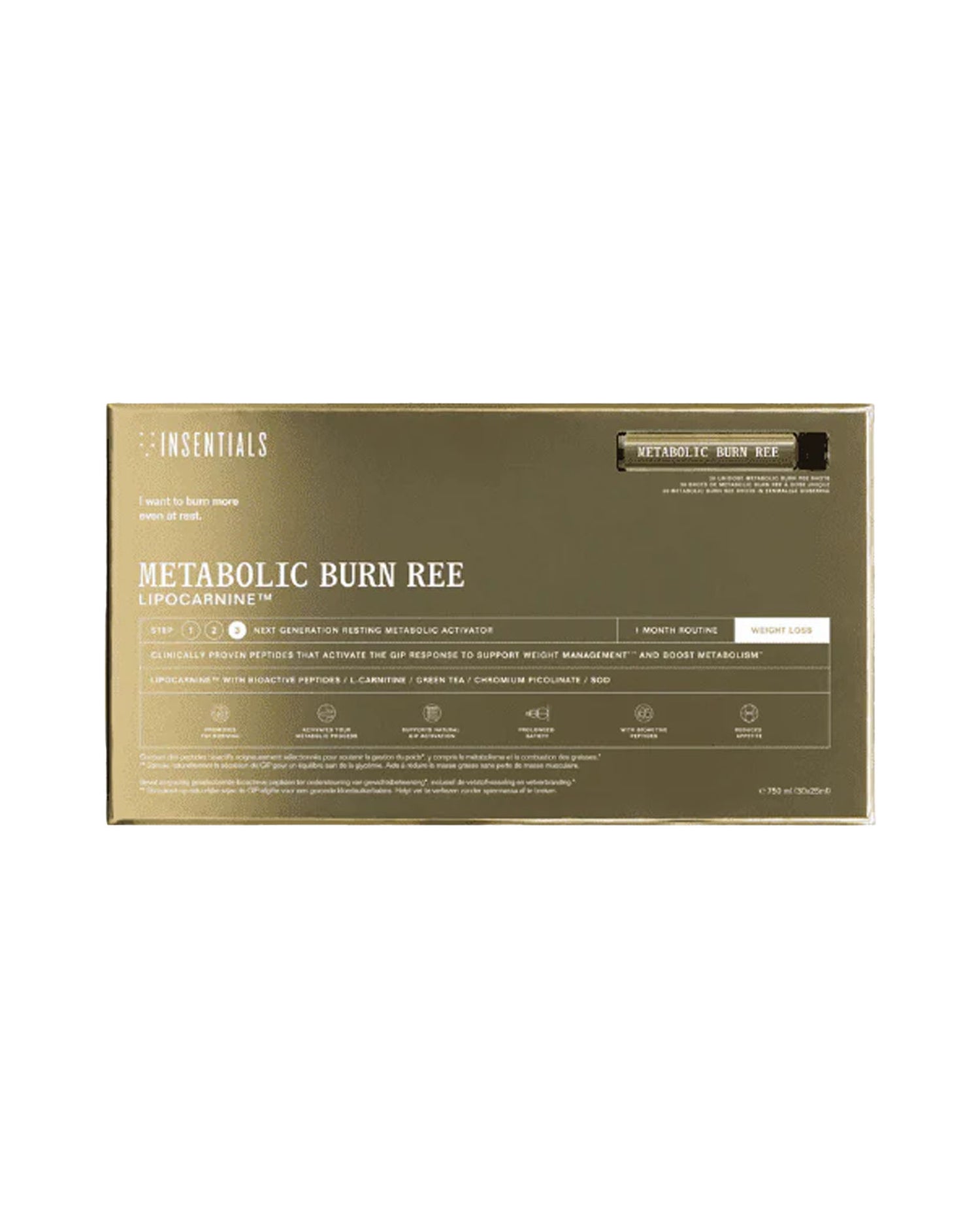 Goudkleurige doos met het opschrift „Metabolic Burn REE – Ondersteunt Metabolisme in Rust”, een voedingssupplement van Insentials, samengesteld om de stofwisseling in rust te ondersteunen en bij te dragen aan effectief gewichtsbeheer en gewichtsverlies.