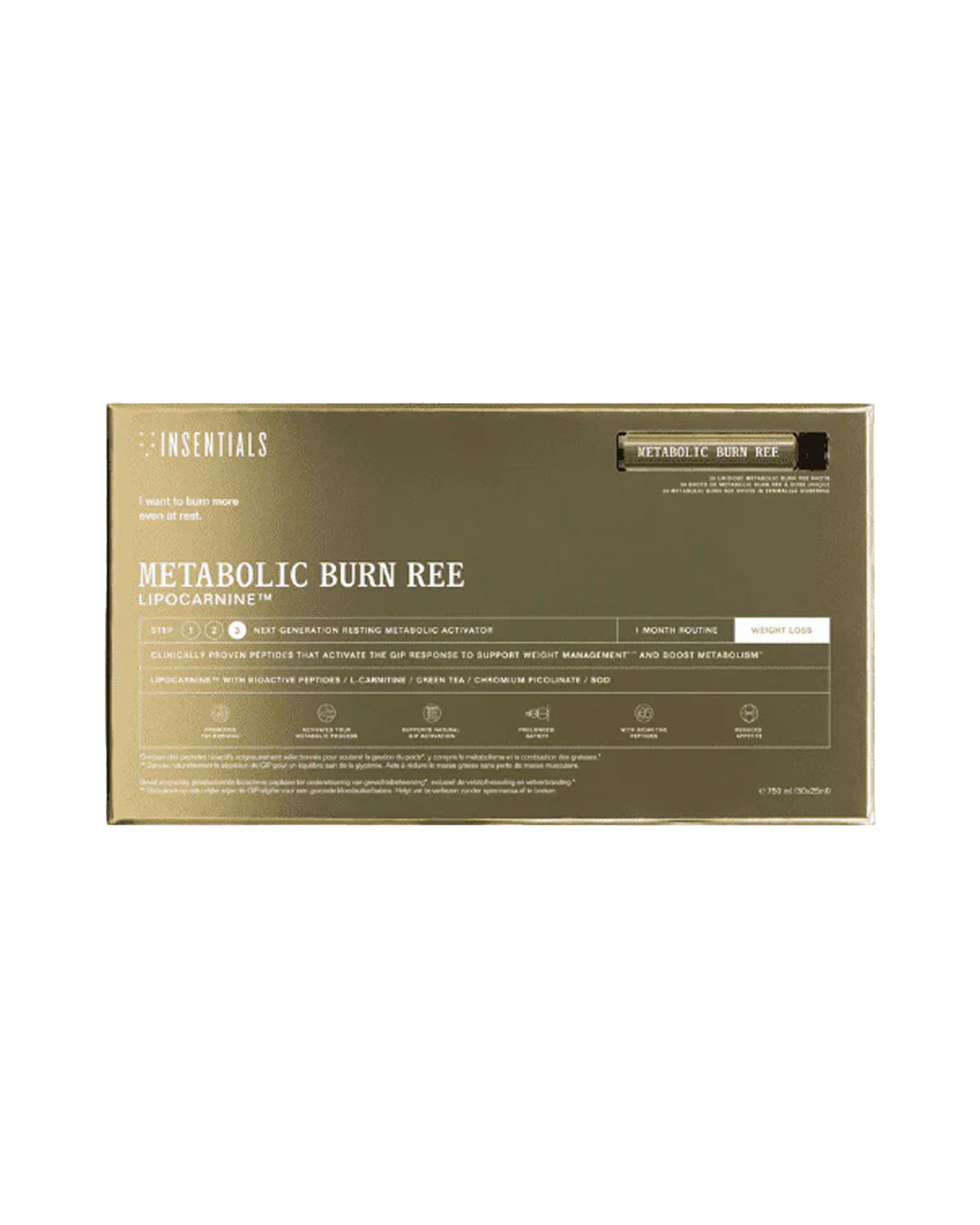 Goudkleurige doos met het opschrift „Metabolic Burn REE – Ondersteunt Metabolisme in Rust”, een voedingssupplement van Insentials, samengesteld om de stofwisseling in rust te ondersteunen en bij te dragen aan effectief gewichtsbeheer en gewichtsverlies.