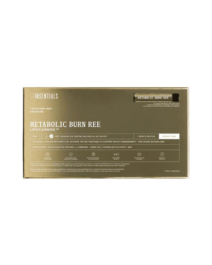 Goudkleurige doos met het opschrift „Metabolic Burn REE – Ondersteunt Metabolisme in Rust”, een voedingssupplement van Insentials, samengesteld om de stofwisseling in rust te ondersteunen en bij te dragen aan effectief gewichtsbeheer en gewichtsverlies.
