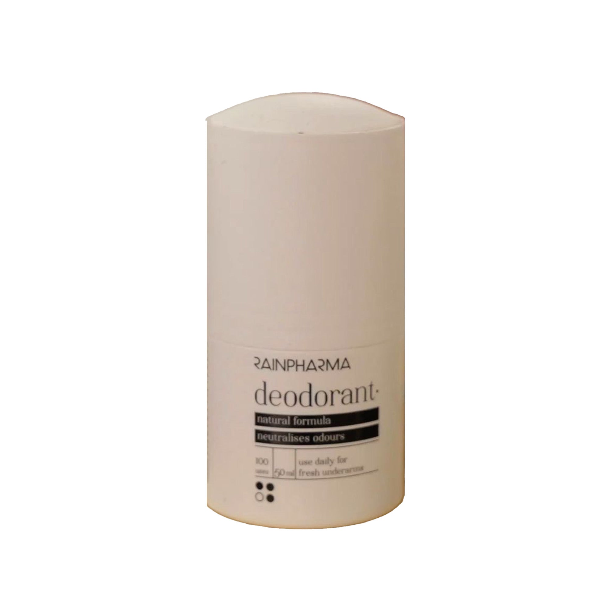 Een strakke witte cilinder van NIEUW! RainPharma - Deodorant van RainPharma, met een microbioomvriendelijke formule die geurtjes neutraliseert zonder aluminiumzouten.