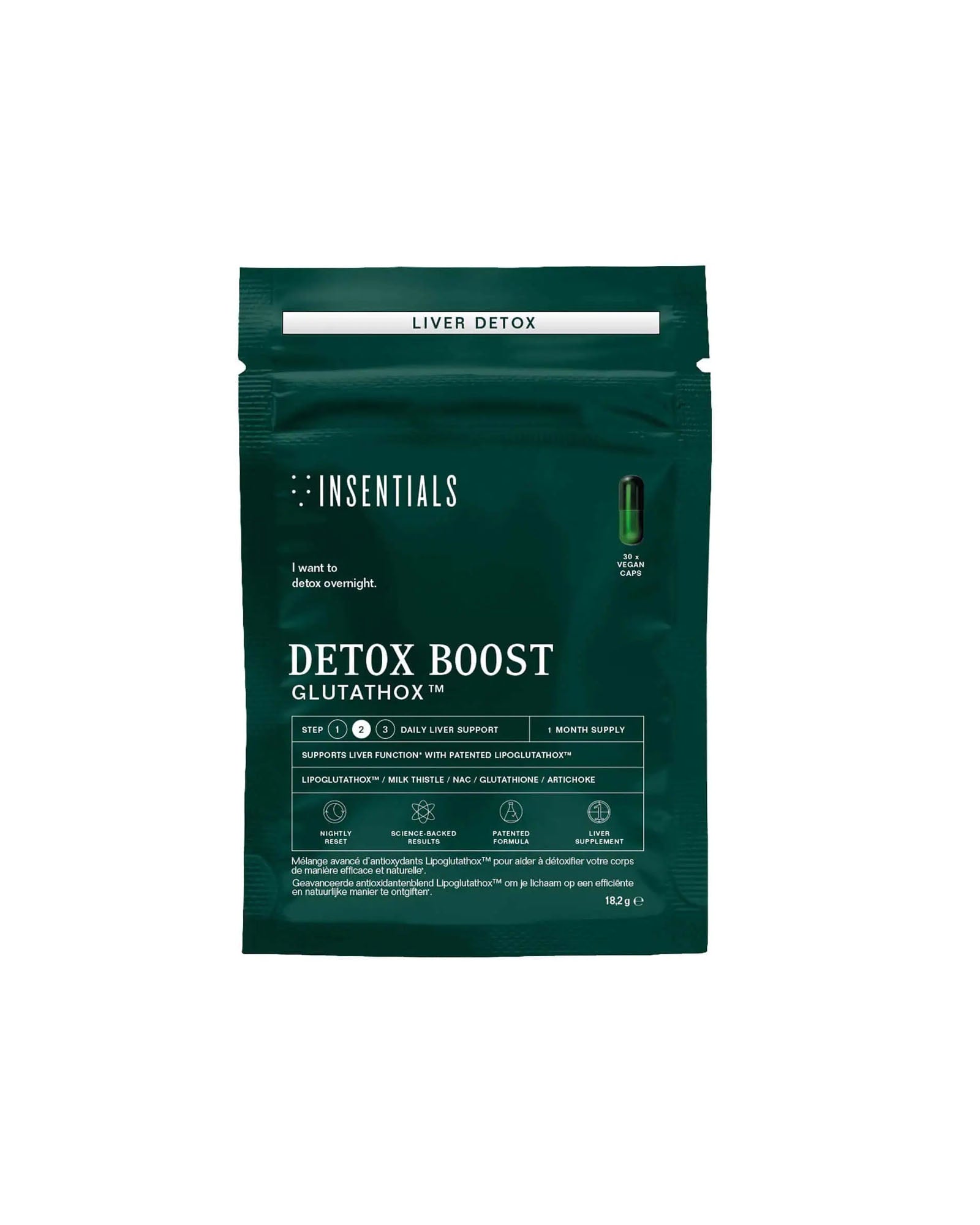 Een donkergroen pakje met het opschrift „Insentials Detox Boost (leverontgifting en spijsvertering)” ondersteunt de ontgifting van de lever en de spijsvertering en helpt bij het afvoeren van gifstoffen als dagelijks supplement.