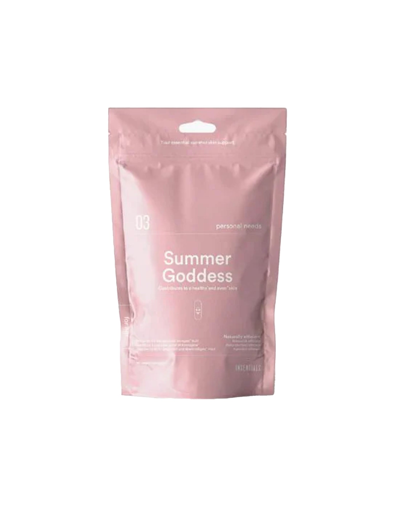 Een roze hersluitbaar zakje met het opschrift „Glow Goddess (Summer Goddess)” van Insentials, met witte tekst en productinformatie, zorgt voor een natuurlijke glans en beschermt de huidcellen dankzij krachtige antioxidanten.