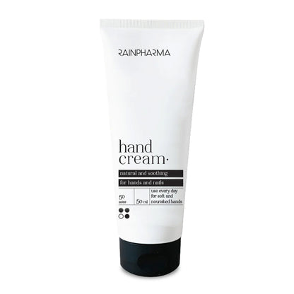 Een 50ml witte tube RainPharma Hand Cream (Exceptional Hand &amp; Nail Cream) met een zwarte dop en minimalistisch design, gelabeld voor handen en nagels.
