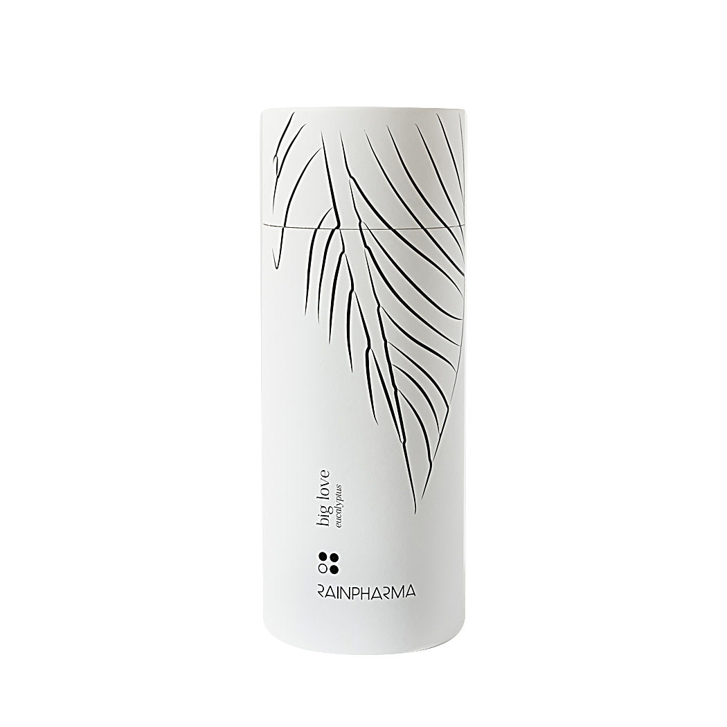 Witte cilindrische container met zwart bladmotief, met het opschrift "Skin Wash Lemongrass" van RainPharma, met een huidvriendelijke formule vervaardigd met natuurlijke ingrediënten.