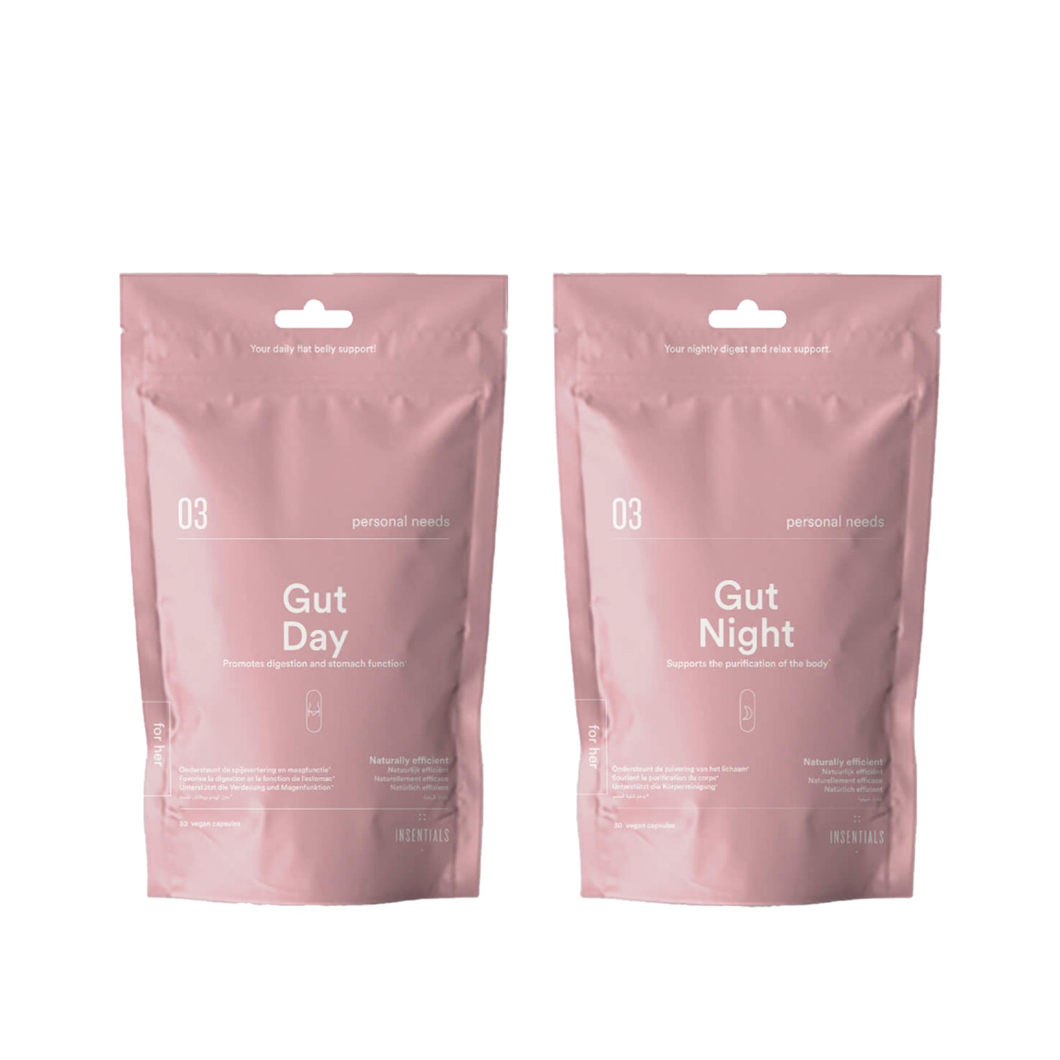 Twee roze hersluitbare zakjes met het opschrift &quot;Insentials - Gut Repair Pack (Day &amp; Night)&quot; staan rechtop op een witte achtergrond, met witte tekst en zijn ontworpen voor darmflora herstel en spijsvertering ondersteuning.