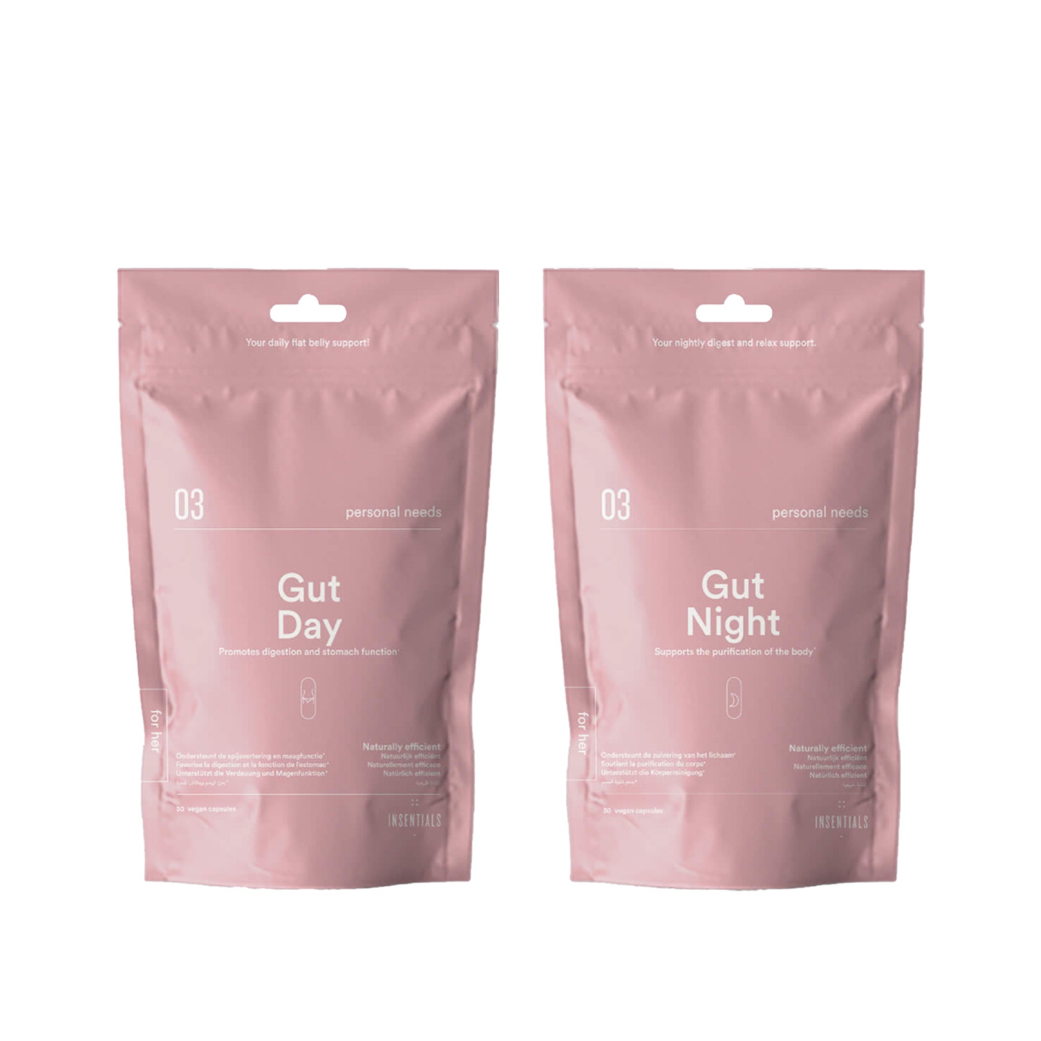 Twee roze hersluitbare zakjes met het opschrift &quot;Insentials - Gut Repair Pack (Day &amp; Night)&quot; staan rechtop op een witte achtergrond, met witte tekst en zijn ontworpen voor darmflora herstel en spijsvertering ondersteuning.