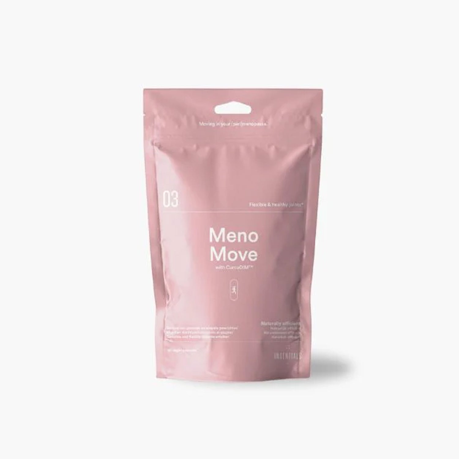 Een roze hersluitbaar zakje met het label &quot;Menomove&quot; van Insentials staat rechtop tegen een effen lichte achtergrond, met soepele gewrichten tijdens de overgang.