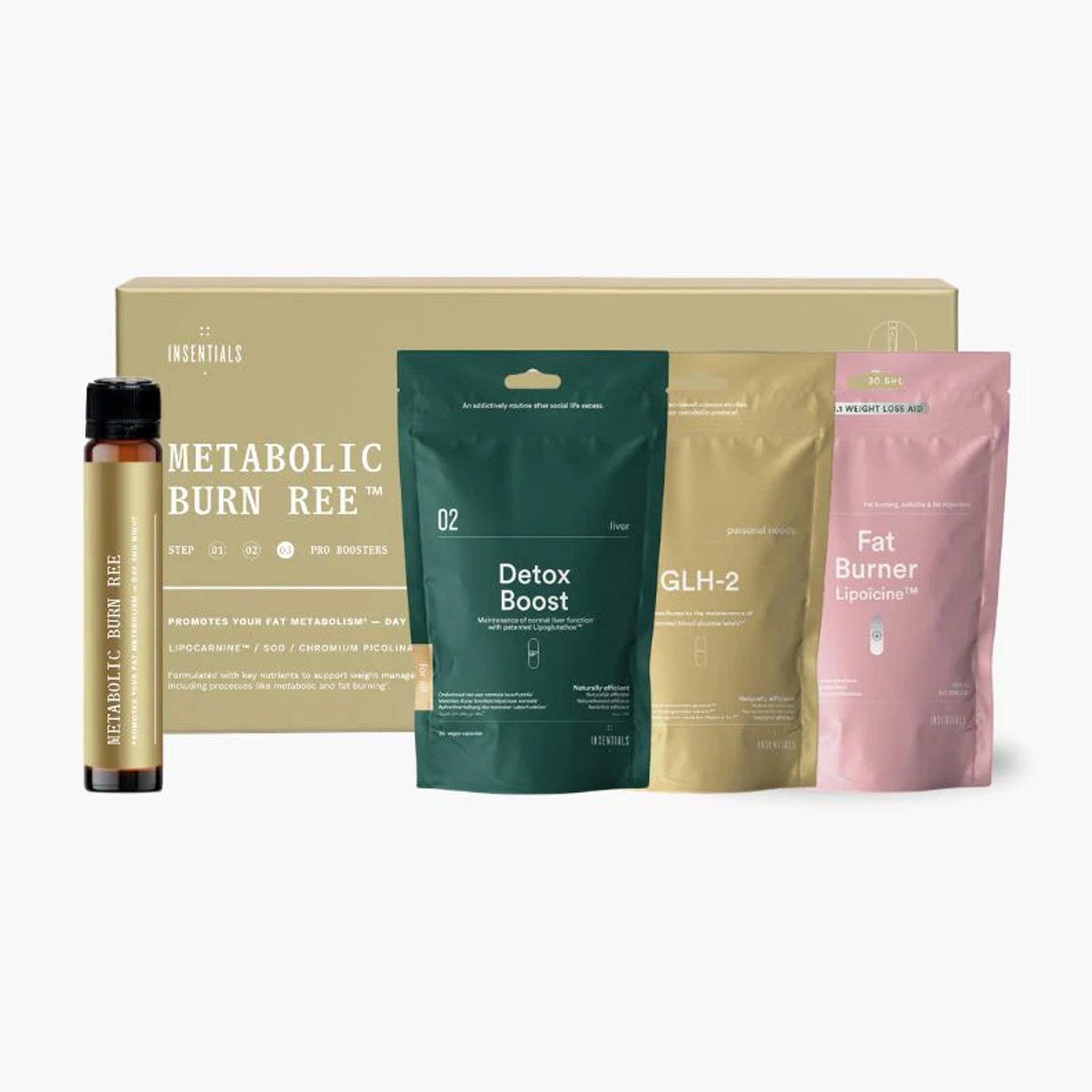 Het Insentials - Metabolic GLH-2 REE Pack bevat vier metabole supplementen-Metabolic Burn Ree flacon en drie pakjes: Detox Boost, GLH-2 en Fat Burner Lipocline voor optimaal gewichtsverlies en detoxen.