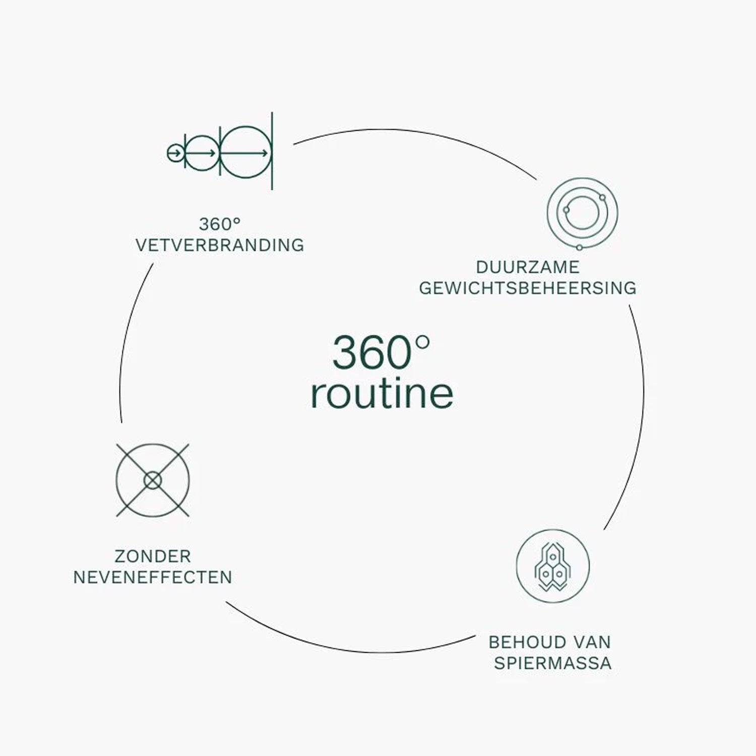 Het Insentials - Metabolic GLH-2 REE Pack heeft een &quot;360° routine&quot; schema met Nederlandse secties: vetverbranding, duurzame gewichtsbeheersing, behoud van spiermassa, geen bijwerkingen - ideaal voor gewichtsverlies.