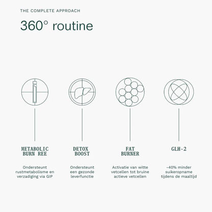 Een diagram toont vier Insentials supplement iconen-Metabolic GLH-2 REE Pack, Detox Boost, Fat Burner en GLH-2-met Nederlandse beschrijvingen over voordelen zoals vetverbranding, detox en gewichtsverlies ondersteuning.
