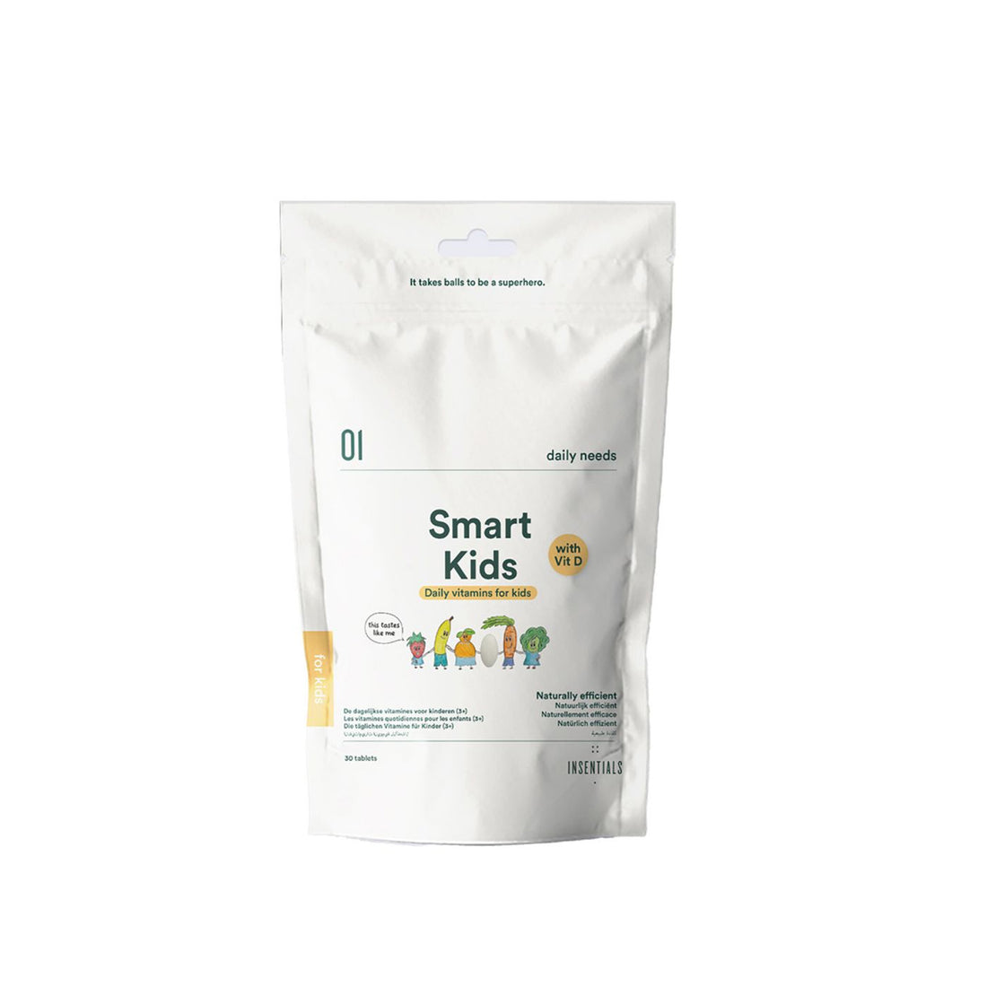 Een wit hersluitbaar zakje met het opschrift &quot;Insentials Smart Vitamines KIDS - voor kinderen tot 12 jaar&quot; van Insentials, met stripfiguren en voedingsinformatie, ontworpen om de gezondheid van kinderen te ondersteunen.