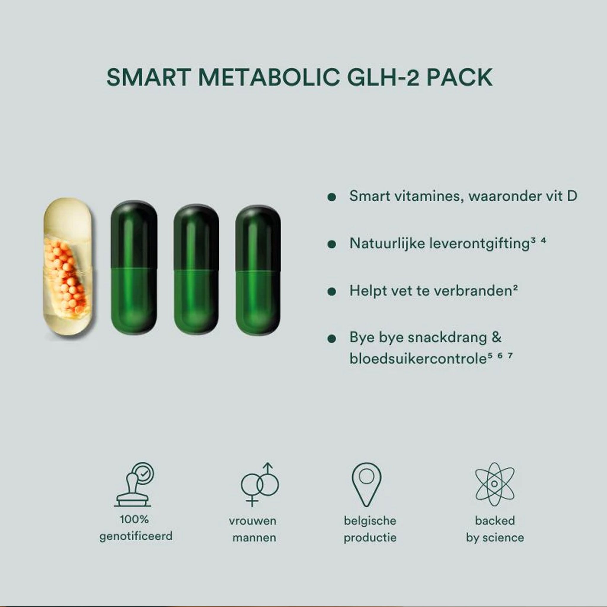 Een capsule met oranje kraal en drie groene capsules worden getoond naast een Nederlandse tekst die de kenmerken van het Insentials - Smart Metabolic GLH-2 Pack van Insentials benadrukt, wat vetverbranding en gewichtsverlies ondersteunt.