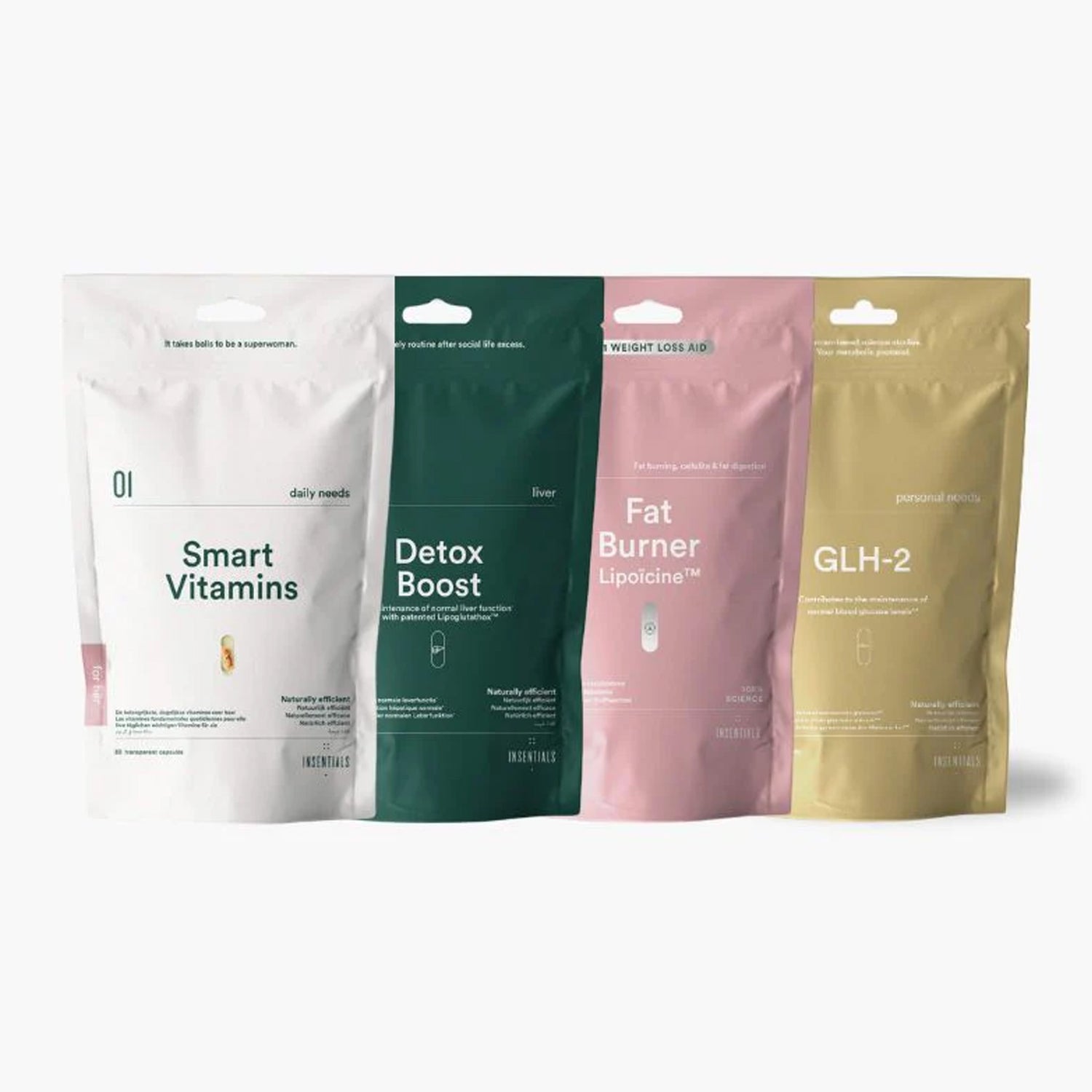Vier kleurrijke hersluitbare zakjes - Smart Vitamins, Detox Boost, Fat Burner en GLH-2 - van Insentials&