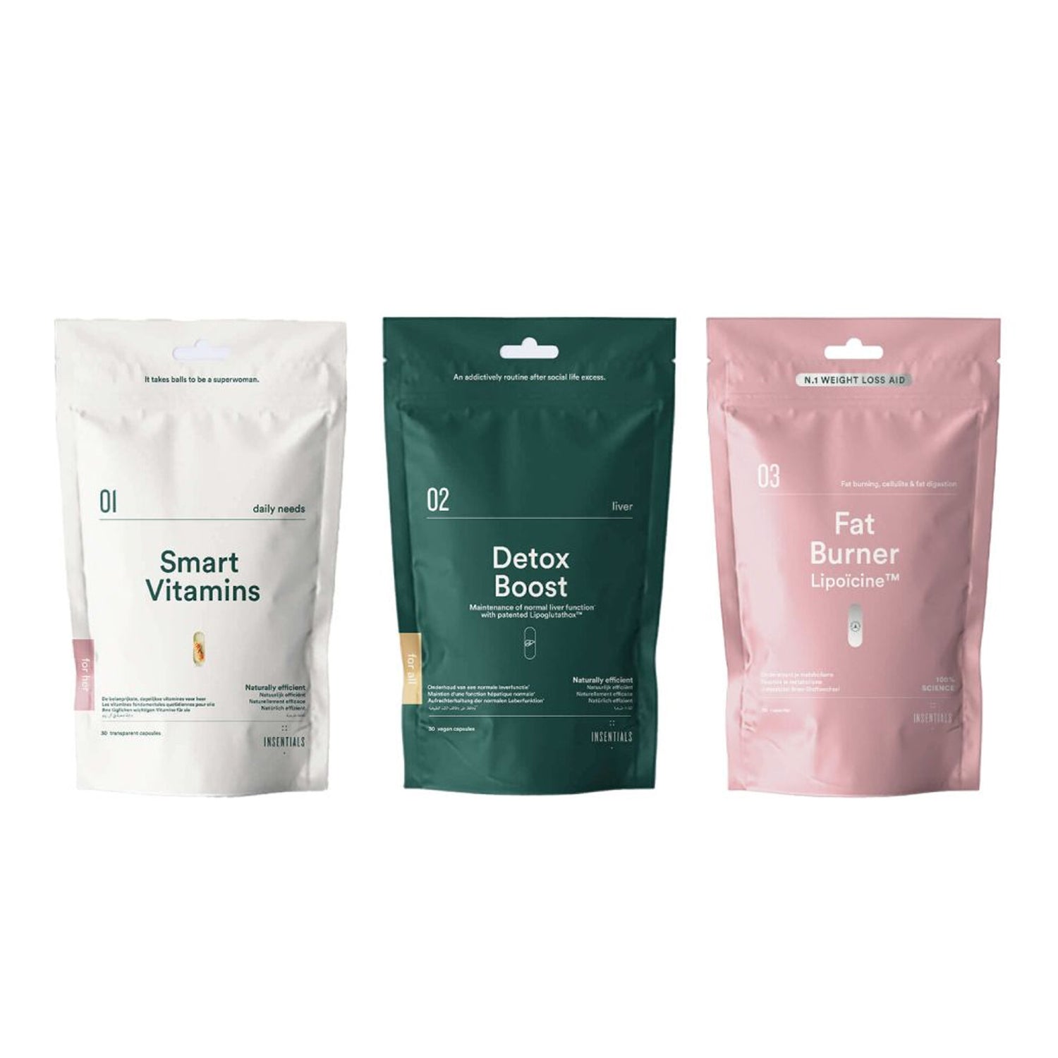 Drie hersluitbare zakjes Insentials - Smart Weight Pack van Insentials zijn naast elkaar gerangschikt op een schone, witte achtergrond.