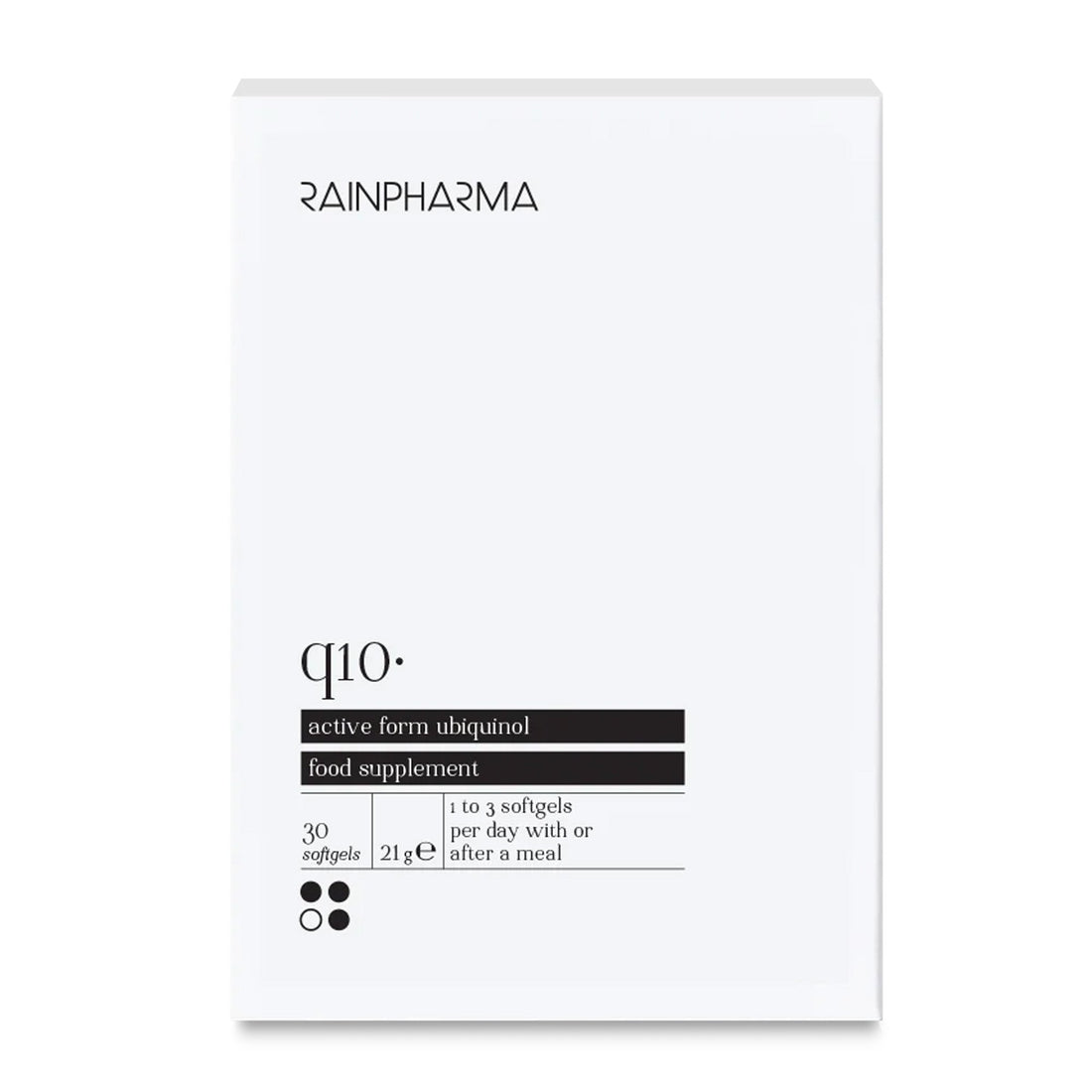 RainPharma Q10 (Dynamic Q10) supplement in actieve ubiquinol vorm, 30 softgels per doosje. Neem dagelijks 1-3 softgels bij of na de maaltijd.