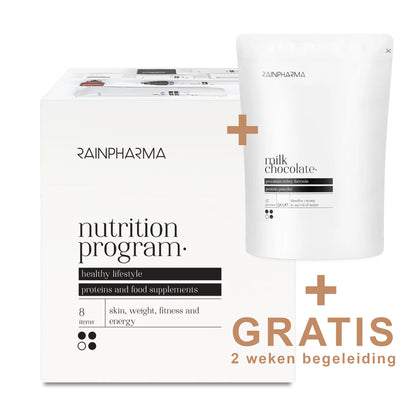 Ontdek het RainPharma RESTART Programma (alles-in-afslankprogramma mét begeleiding): jouw ultieme afslankbox voor gezonder leven, nu inclusief een melkchocoladesupplement en gratis 2-weekse begeleiding!.