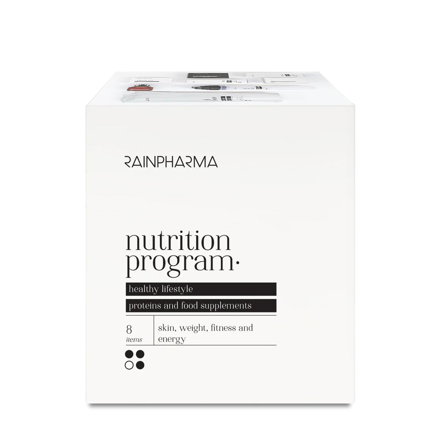 De nieuwe editie van RainPharma Smart Nutrition Project bevat 8 essentiële producten in een wit doosje met het label &