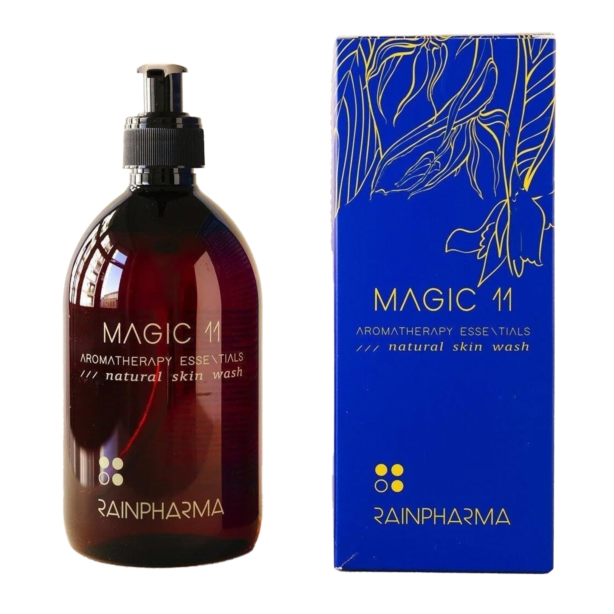 Een fles en doos van RainPharma Skin Wash Magic 11, met blauw en gele verpakking versierd met botanische illustraties, is gemaakt met natuurlijke ingrediënten en verrijkt met essentiële oliën.