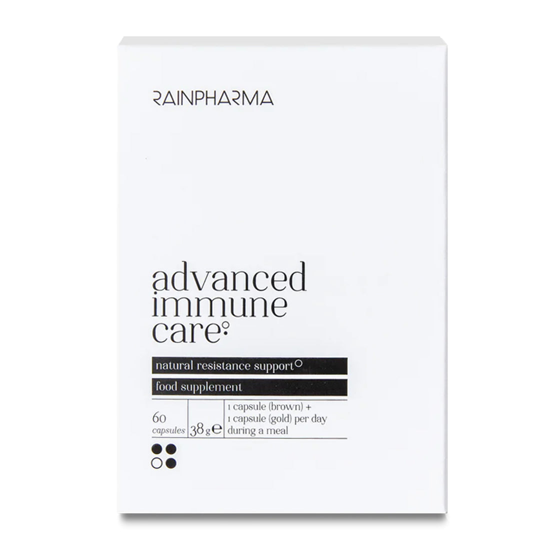 RainPharma Advanced Immune Care is een wit doosje met 60 capsules, ontworpen om het immuunsysteem te ondersteunen en de natuurlijke weerstand te verhogen.