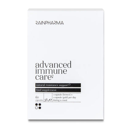 RainPharma Advanced Immune Care is een wit doosje met 60 capsules, ontworpen om het immuunsysteem te ondersteunen en de natuurlijke weerstand te verhogen.