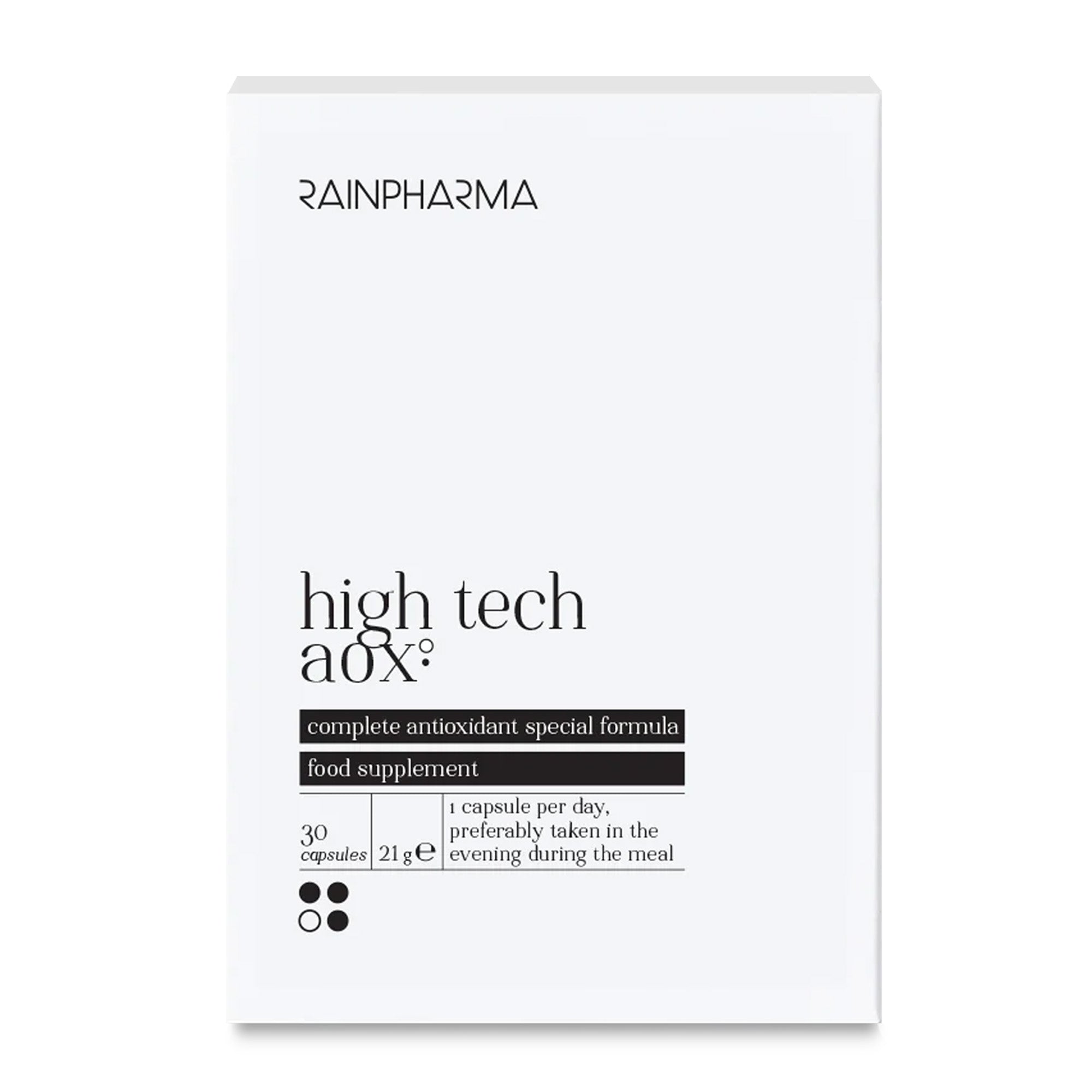 Witte doos van RainPharma High Tech AOX (Anti-oxidanten), een geavanceerd antioxidantensupplement met R-liponzuur, complete formule, 30 capsules en duidelijke gebruiksaanwijzing op de voorkant.