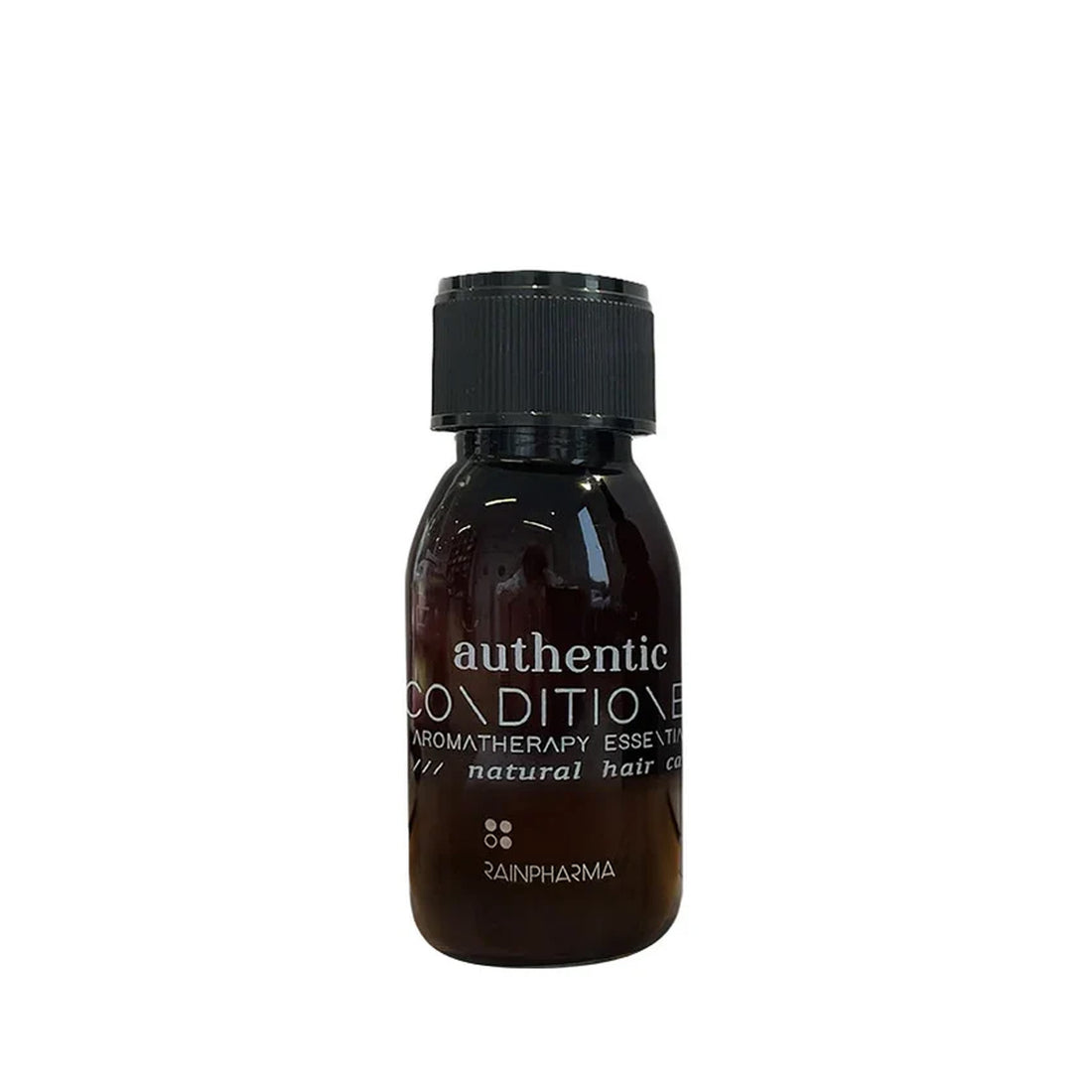 Een 60 ml reisformaat fles RainPharma Authentic Conditioner (finishing conditioner), ideaal voor de natuurlijke wasbeurt, heeft een bruin design met zwarte schroefdop tegen een witte achtergrond.