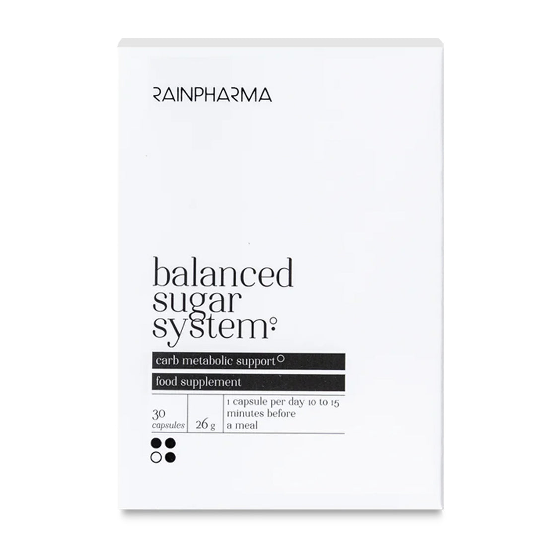Witte doos van RainPharma Balanced Sugar System, een voedingssupplement met 30 capsules voor ondersteuning van de koolhydraatstofwisseling, met witte moerbei-extract en Reducose® om de bloedsuikerspiegel te helpen verlagen.