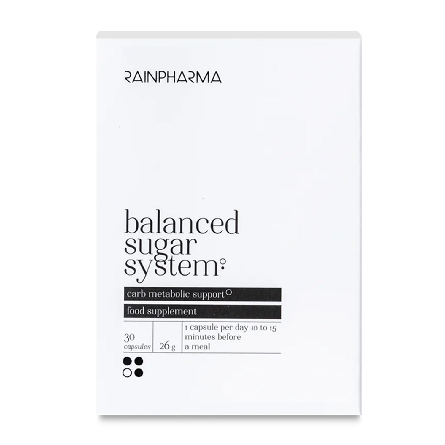 Witte doos van RainPharma Balanced Sugar System, een voedingssupplement met 30 capsules voor ondersteuning van de koolhydraatstofwisseling, met witte moerbei-extract en Reducose® om de bloedsuikerspiegel te helpen verlagen.