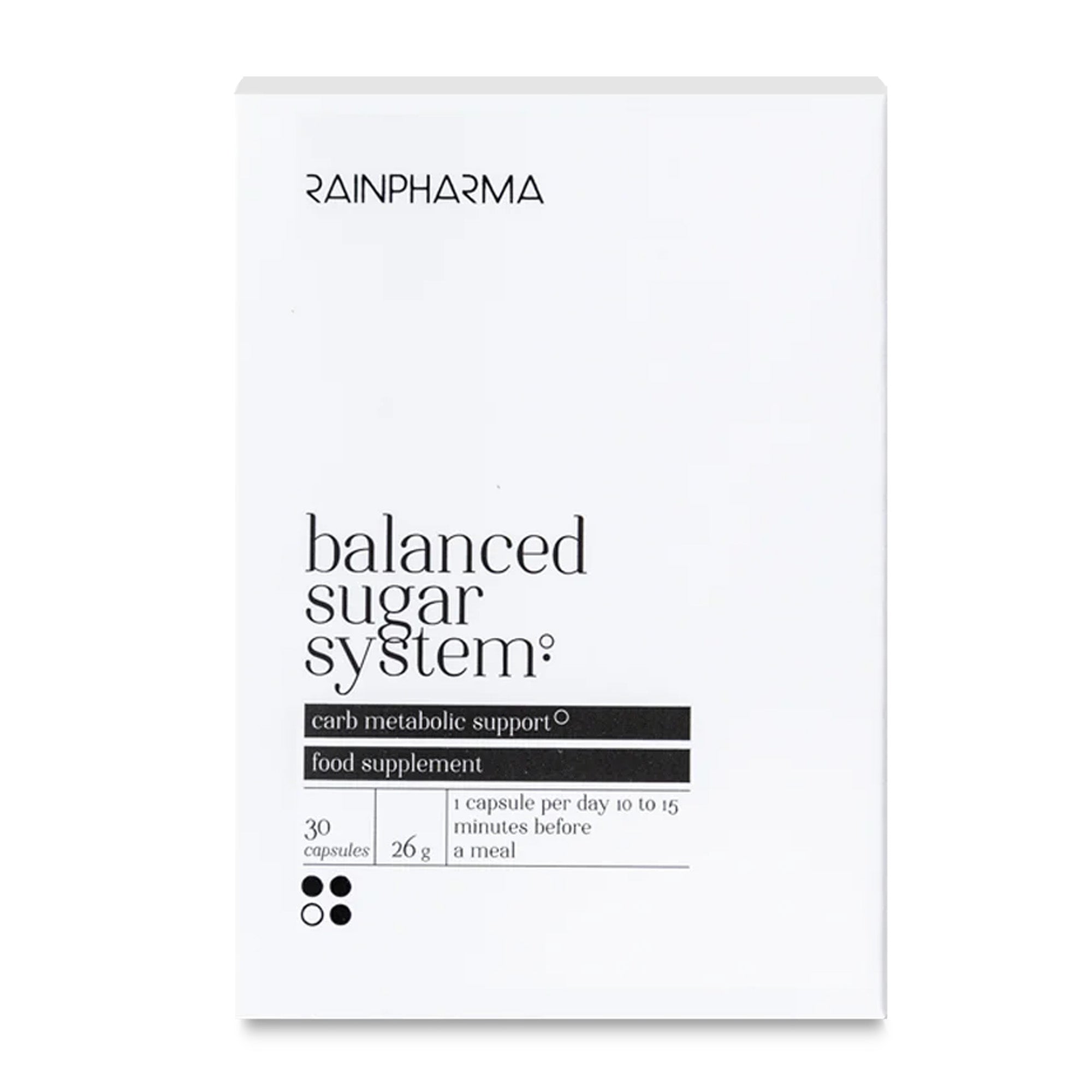 Witte doos van RainPharma Balanced Sugar System, een voedingssupplement met 30 capsules voor ondersteuning van de koolhydraatstofwisseling, met witte moerbei-extract en Reducose® om de bloedsuikerspiegel te helpen verlagen.
