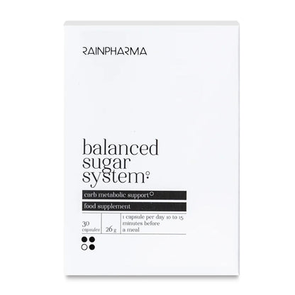 Witte doos van RainPharma Balanced Sugar System, een voedingssupplement met 30 capsules voor ondersteuning van de koolhydraatstofwisseling, met witte moerbei-extract en Reducose® om de bloedsuikerspiegel te helpen verlagen.