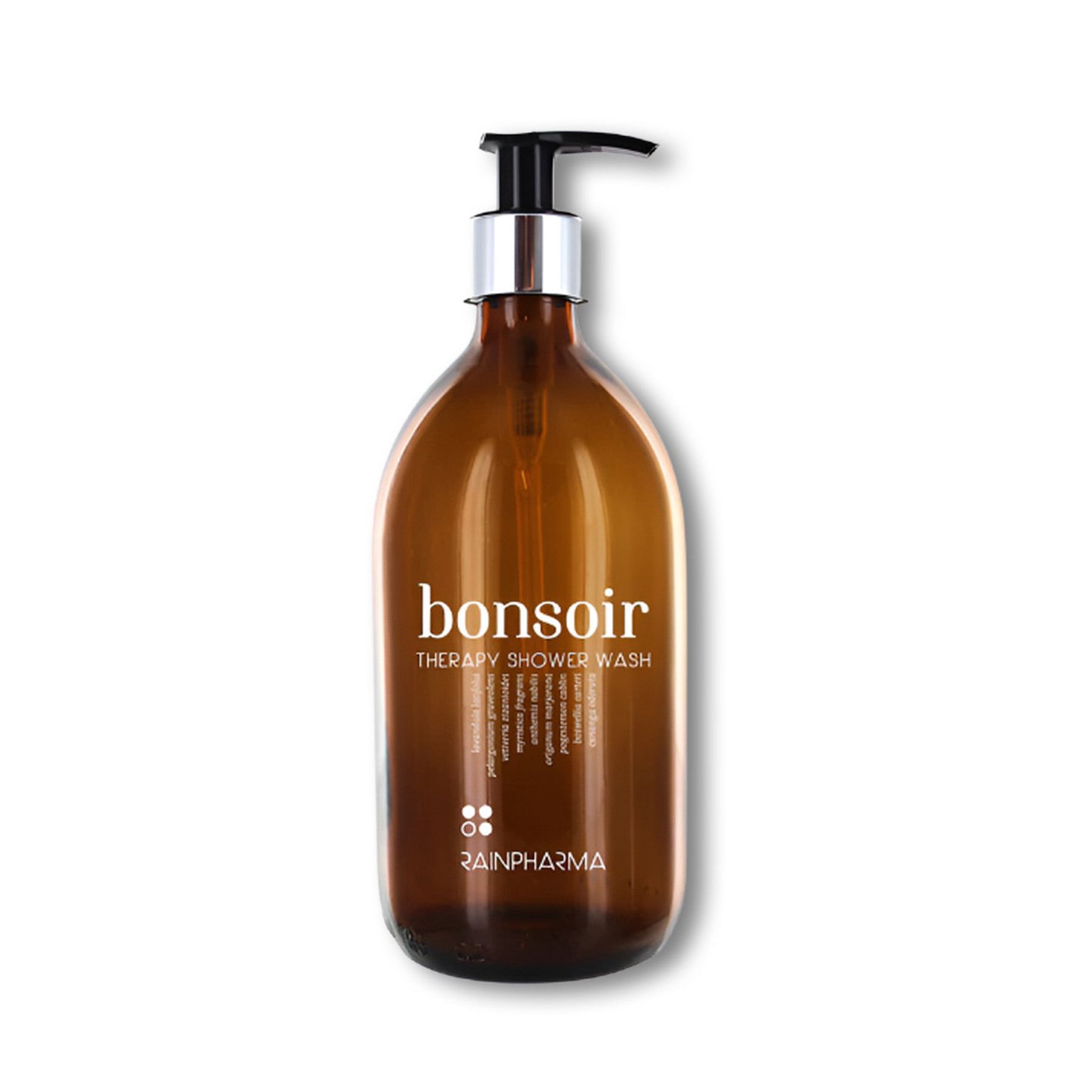 Een bruine pompflacon met het label "Skin Wash Bonsoir" van RainPharma, met een pH-vriendelijke wasgel op plantaardige basis, tegen een witte achtergrond.