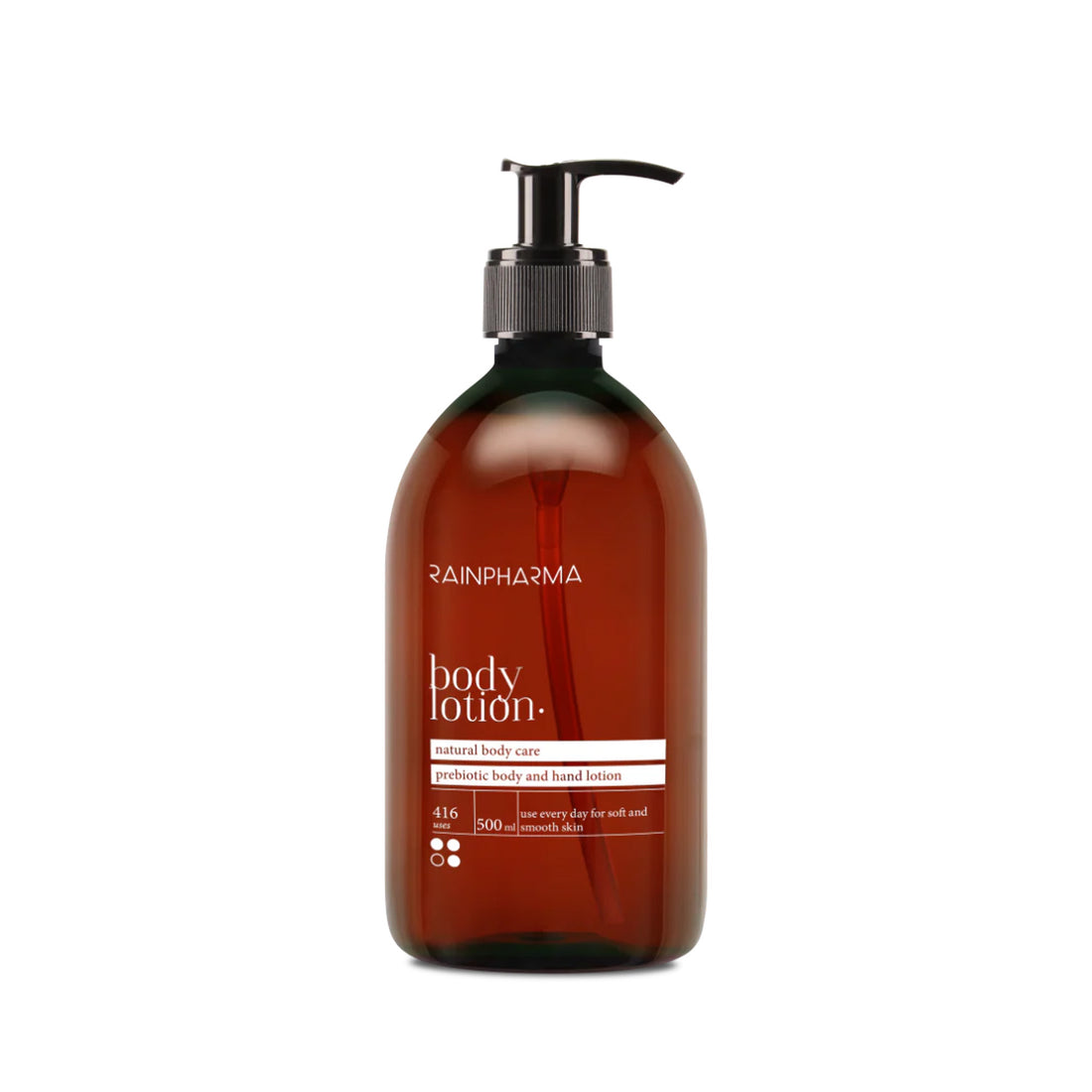 Een bruine pompfles met de tekst &quot;RainPharma Classic Hand &amp; Body Lotion,&quot; een voedende lotion op plantaardige basis voor handen en lichaam, staat tegen een witte achtergrond.