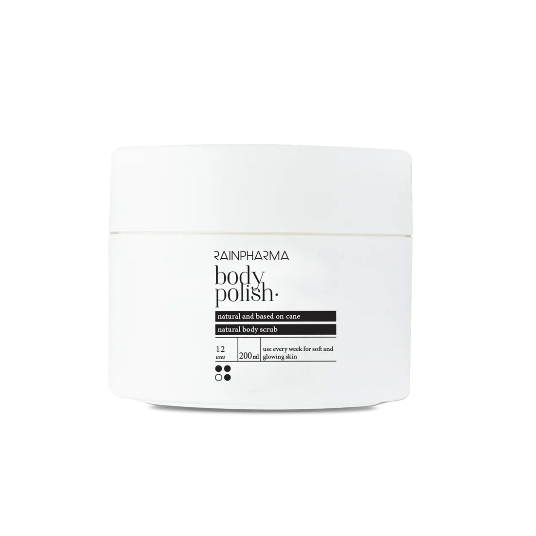 Een witte pot RainPharma Body Polish / Glowing Sugar Cane Scrub bodyscrub met zwarte tekst en een minimalistisch etiket, met 200 ml scrub van suikerriet en essentiële oliën voor een natuurlijk stralende huid.