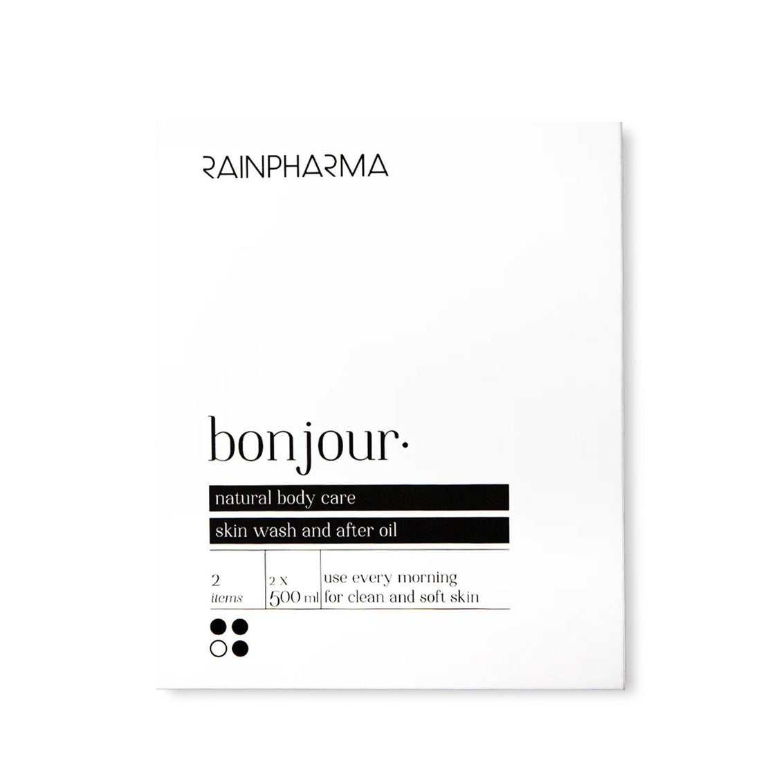De cadeauset &quot;Bonjour Skin Wash + After Oil 500 ml&quot; van RainPharma bevat twee producten van 500 ml voor een verfrissende start van je dag - ideaal voor natuurlijke dagelijkse lichaamsverzorging. Verpakt in een stijlvolle witte doos met het label &quot;bonjour.