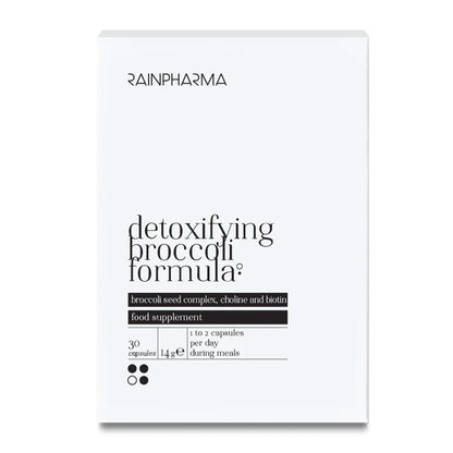 Een witte doos met de tekst &quot;RainPharma Detoxifying Broccoli Seed Caps&quot; voedingssupplement met broccolizaadextract, sulforafaan en biotine, met doseerinstructies en productgegevens in zwarte tekst.