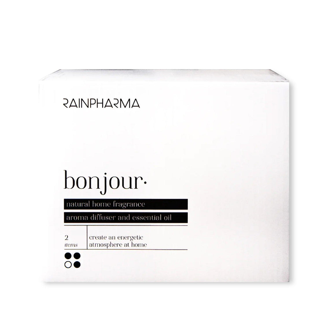 White RainPharma Aroma Diffuser Geschenkbox - Bonjour met tekst: &quot;natuurlijke huisparfum, aroma diffuser en essentiële olie, 2 artikelen om een energieke sfeer in huis te creëren.