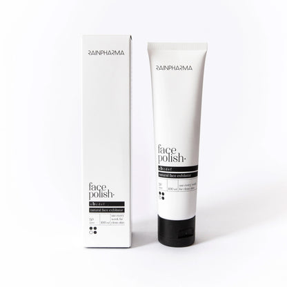 RainPharma Face Polish / Balming Face Polish (alle huidtypes) natuurlijke gezichtsverzorging: deze scrub van RainPharma is te zien in een tube met bijpassende verpakking op een witte achtergrond.