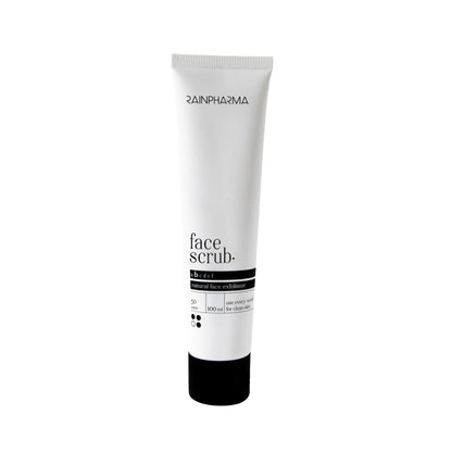 Een witte tube met het label &quot;RainPharma Face Scrub (Brightening Face Scrub)&quot; staat rechtop op een effen witte achtergrond, om het gebruik voor natuurlijke huidverzorging te benadrukken.
