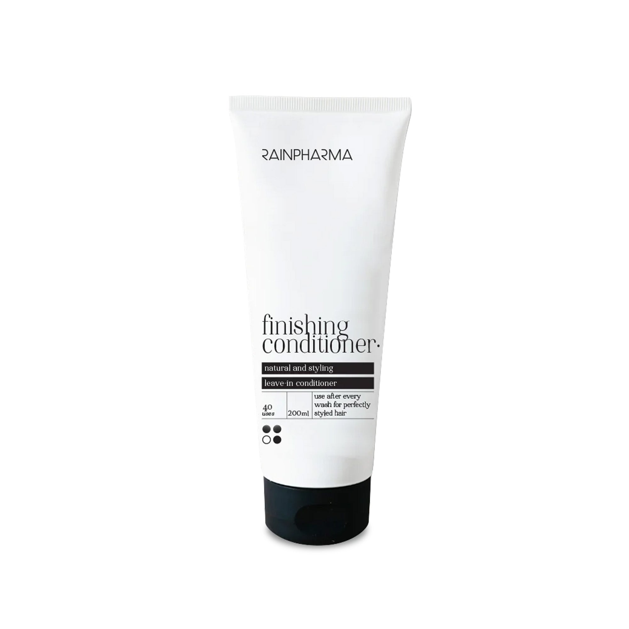 Een witte tube RainPharma Finishing Conditioner (Authentic Conditioner) met zwarte tekst en een zwarte dop, ontworpen als leave-in formule voor dagelijks gebruik - ideaal voor natuurlijke haarverzorging en perfect gestyled haar.
